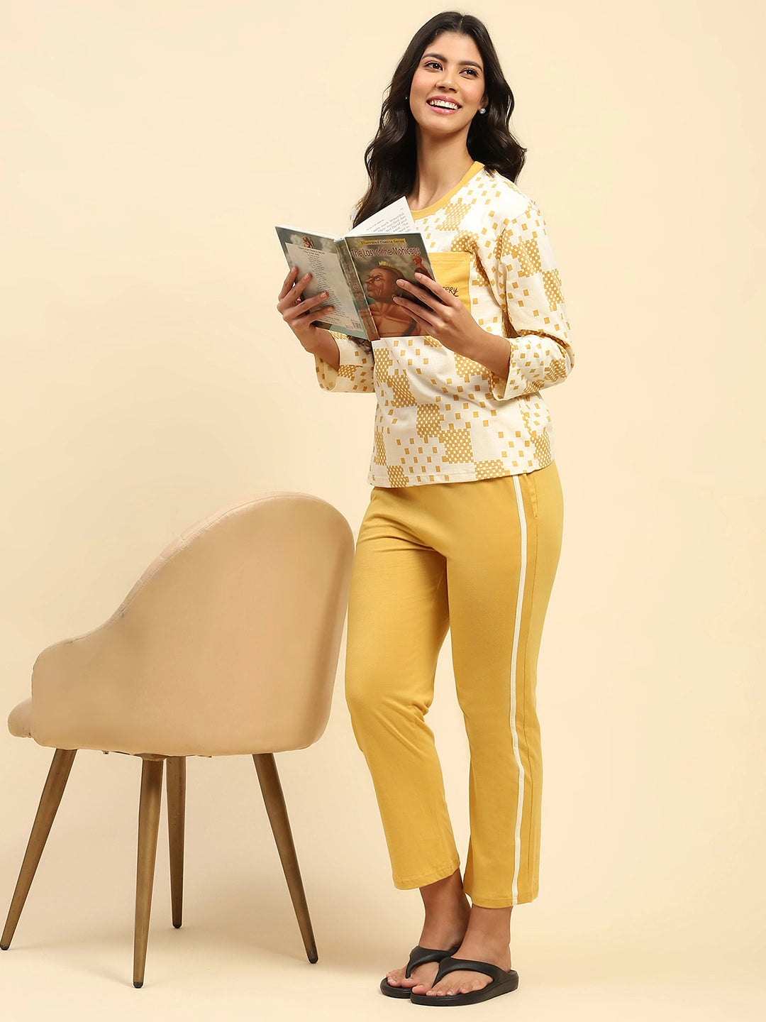 Mustard Geometric Print Cotton Nightsuit - Global Republic