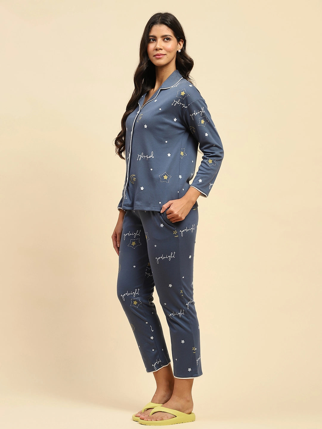 Blue Printed Cotton Blend Nightsuit - Global Republic