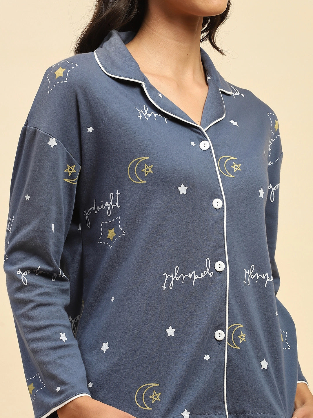 Blue Printed Cotton Blend Nightsuit - Global Republic