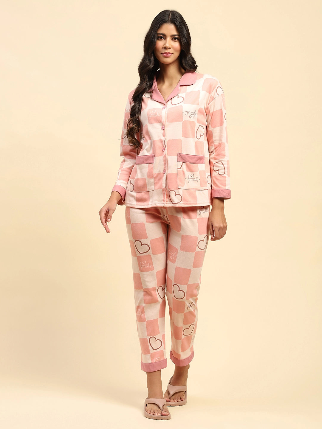 Pink Printed Cotton Blend Nightsuit - Global Republic
