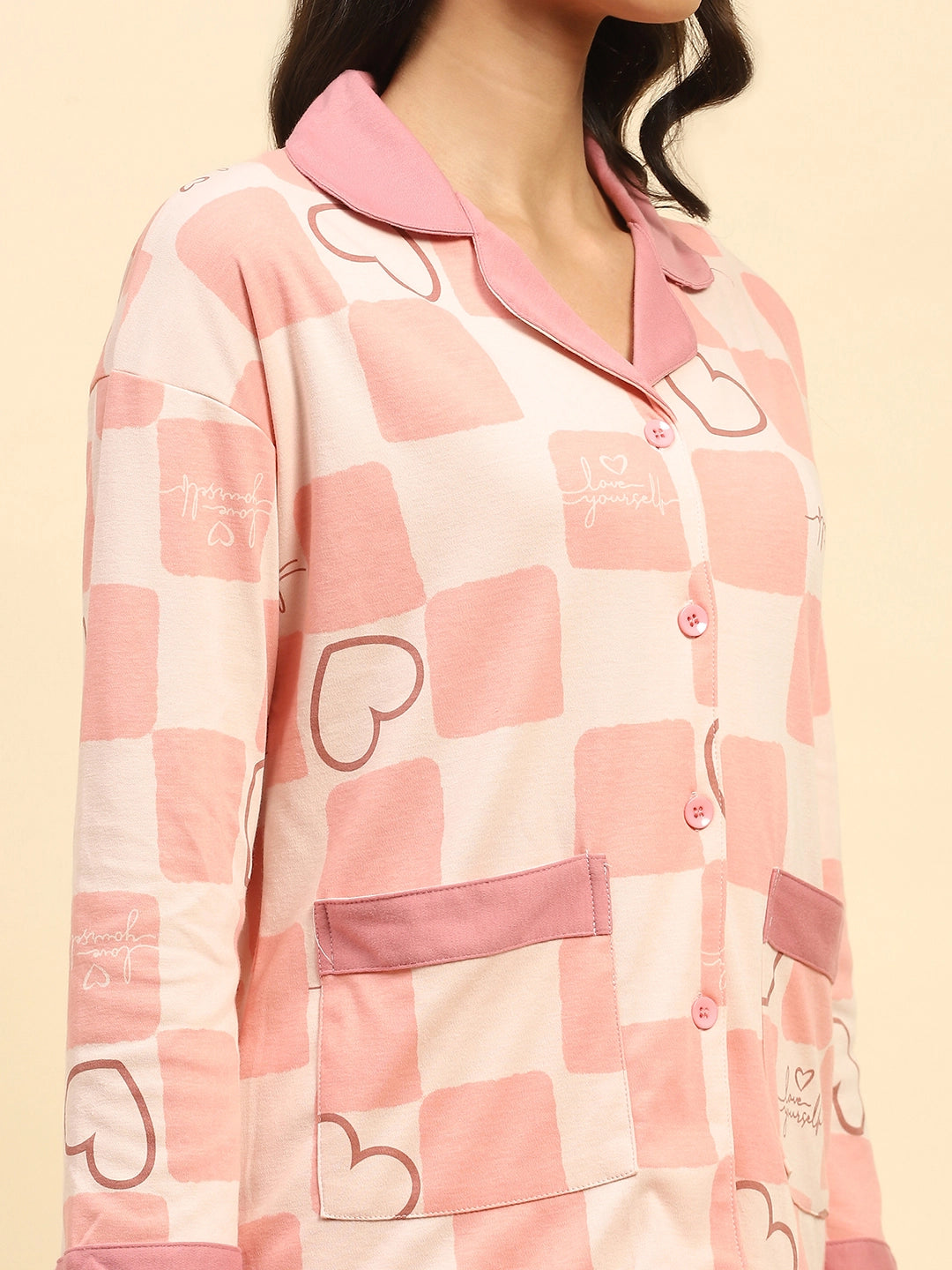 Pink Printed Cotton Blend Nightsuit - Global Republic