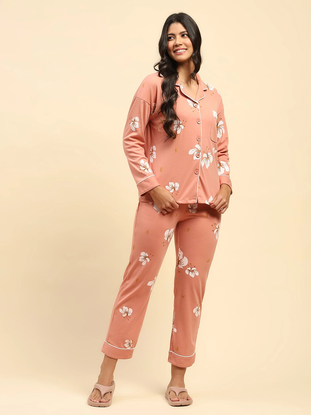 Coral Floral Cotton Blend Nightsuit - Global Republic