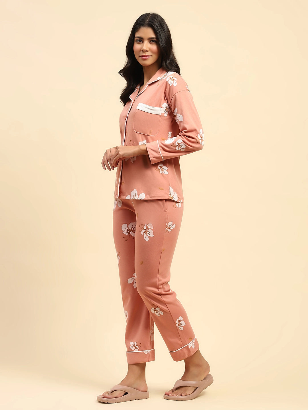 Coral Floral Cotton Blend Nightsuit - Global Republic