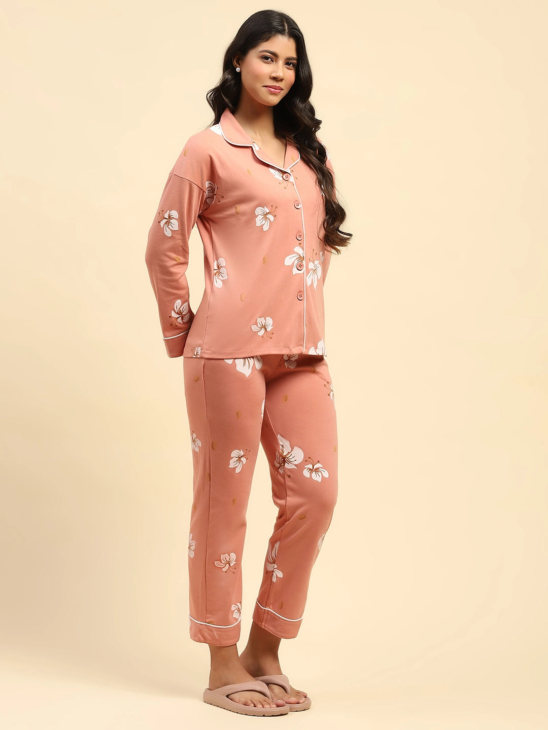 Coral Floral Cotton Blend Nightsuit - Global Republic