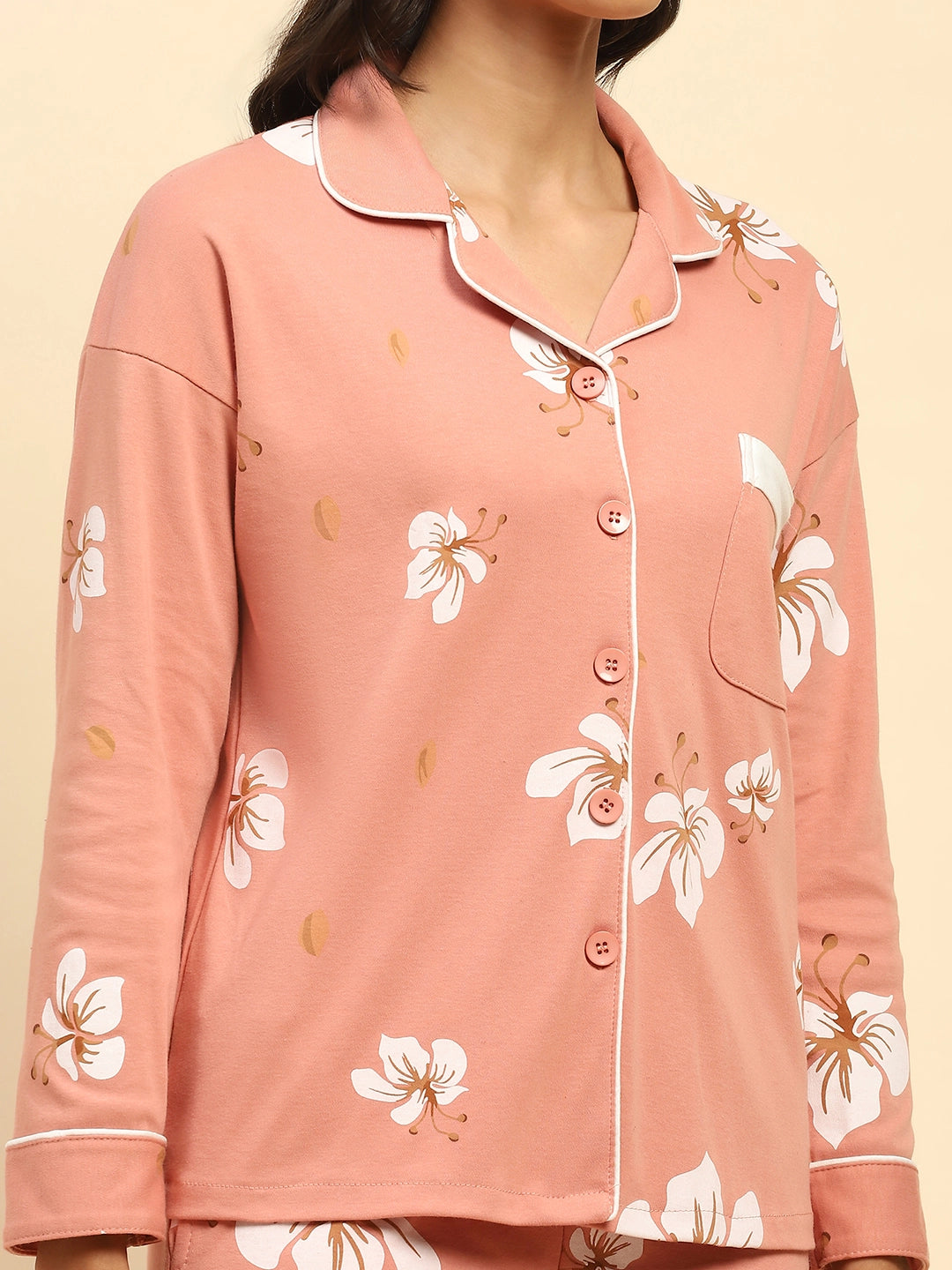 Coral Floral Cotton Blend Nightsuit - Global Republic