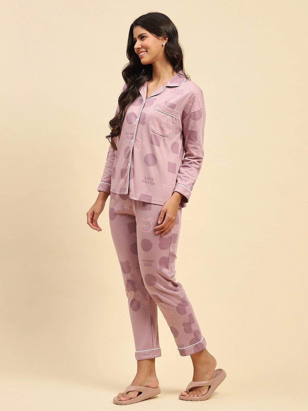 Purple Printed Cotton Blend Nightsuit - Global Republic