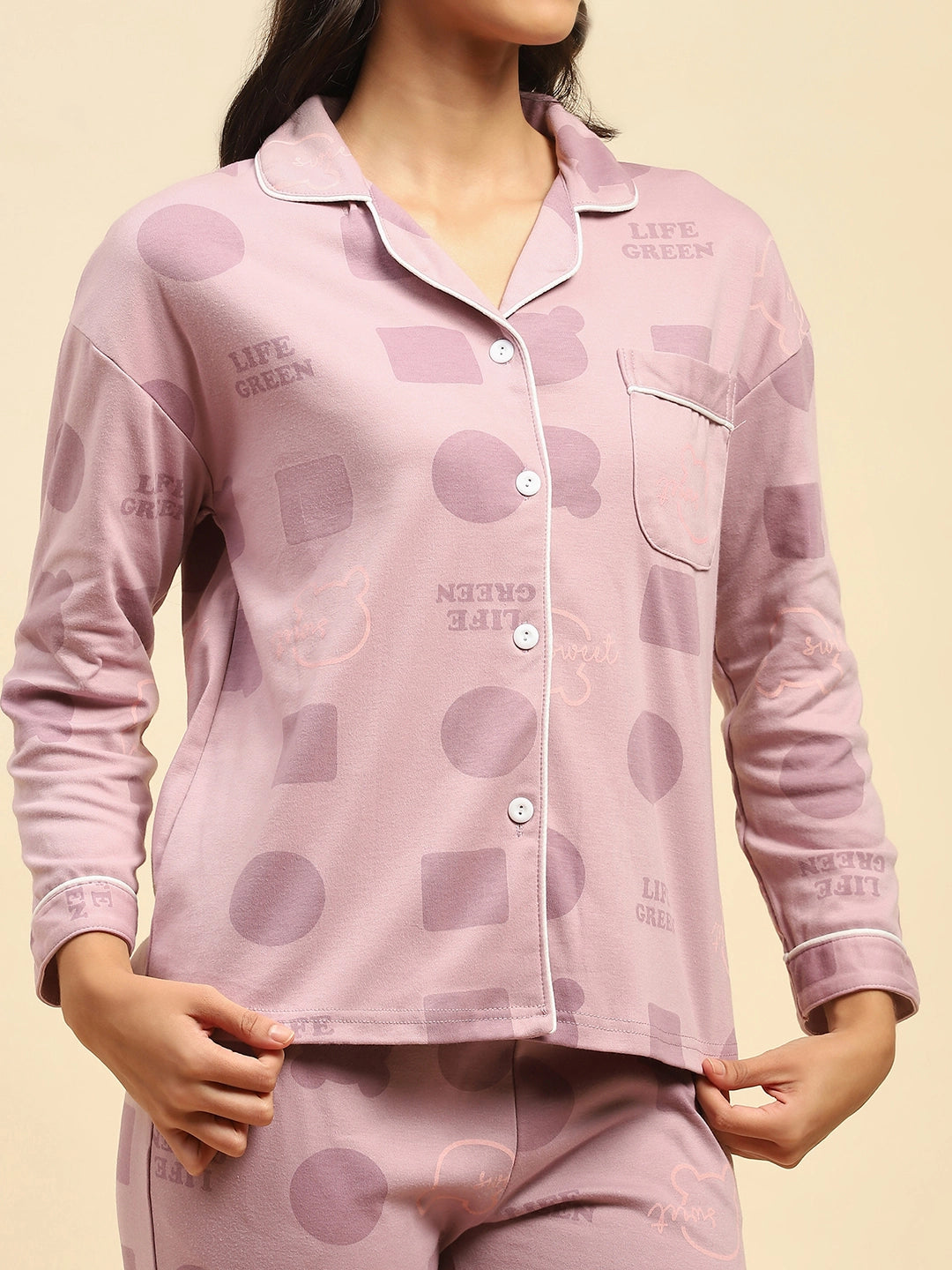 Purple Printed Cotton Blend Nightsuit - Global Republic