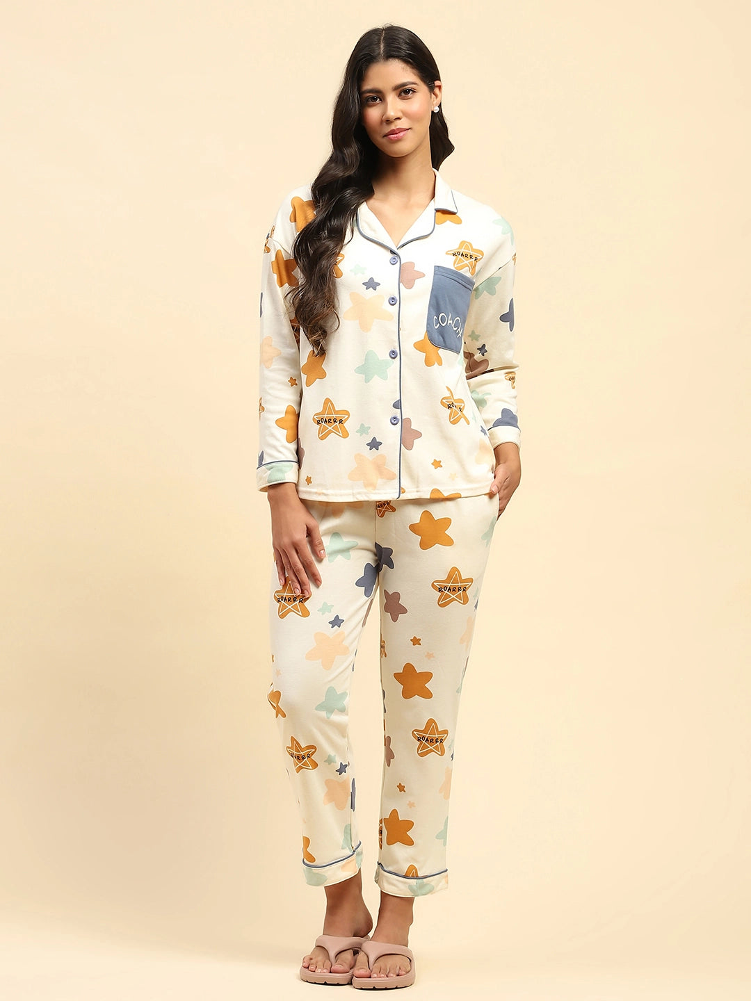 Cream Printed Cotton Blend Nightsuit - Global Republic