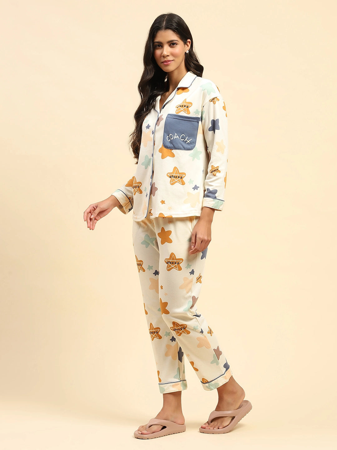 Cream Printed Cotton Blend Nightsuit - Global Republic