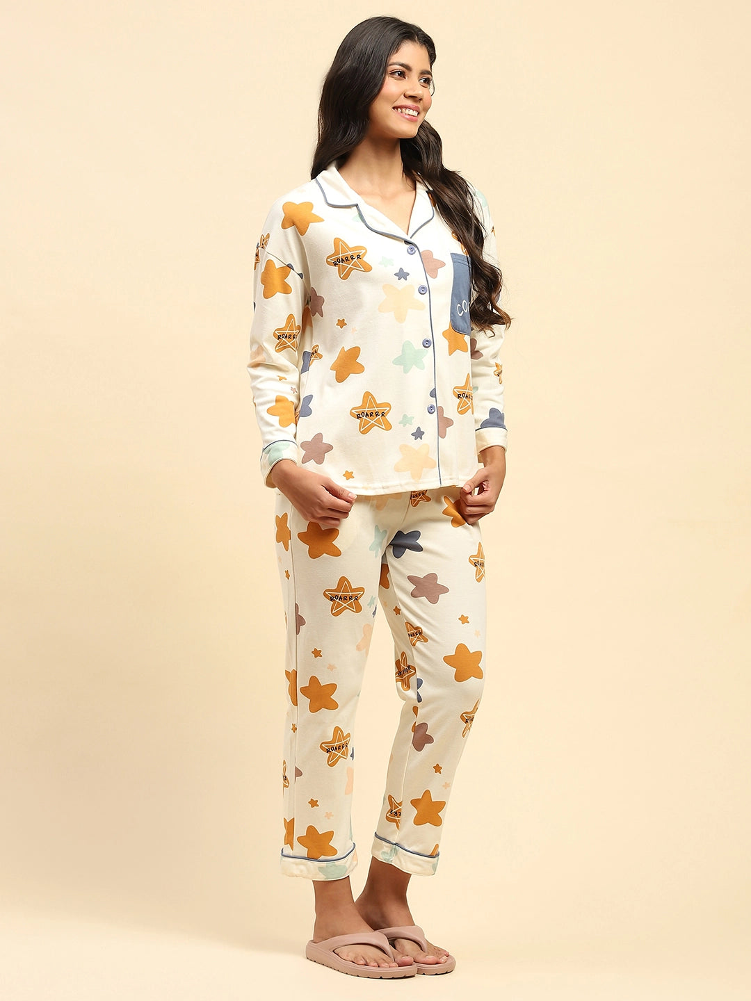 Cream Printed Cotton Blend Nightsuit - Global Republic