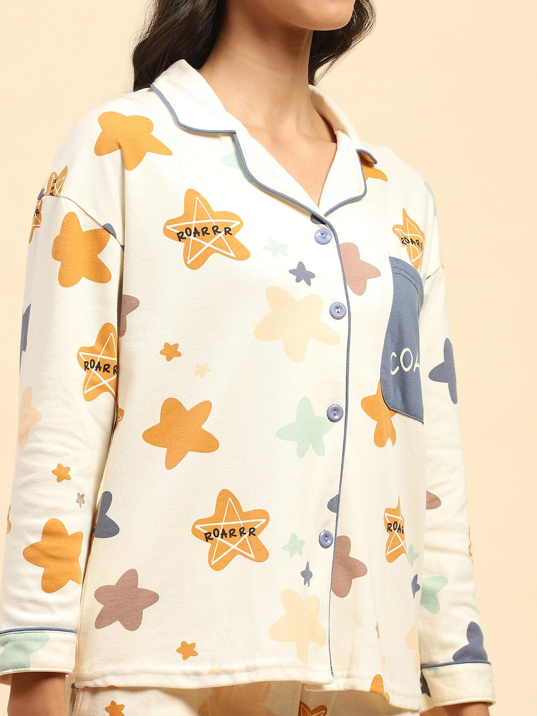 Cream Printed Cotton Blend Nightsuit - Global Republic