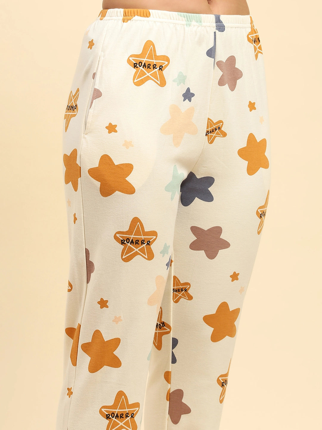 Cream Printed Cotton Blend Nightsuit - Global Republic
