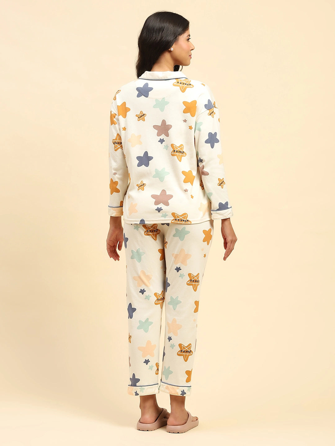 Cream Printed Cotton Blend Nightsuit - Global Republic