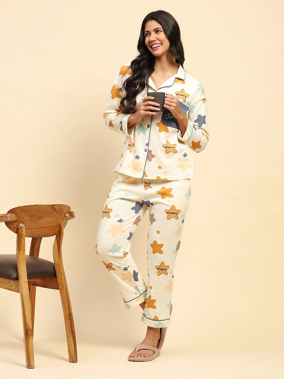 Cream Printed Cotton Blend Nightsuit - Global Republic