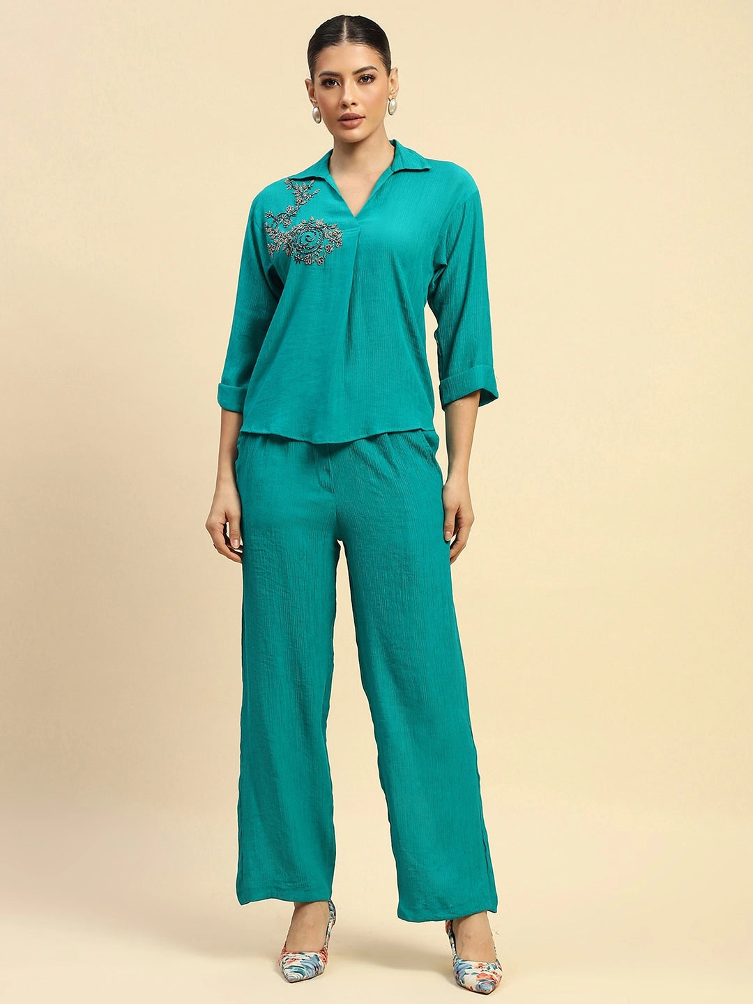 Sea Green Embroidered Viscose Relaxed Fit Co-ord Set - Global Republic