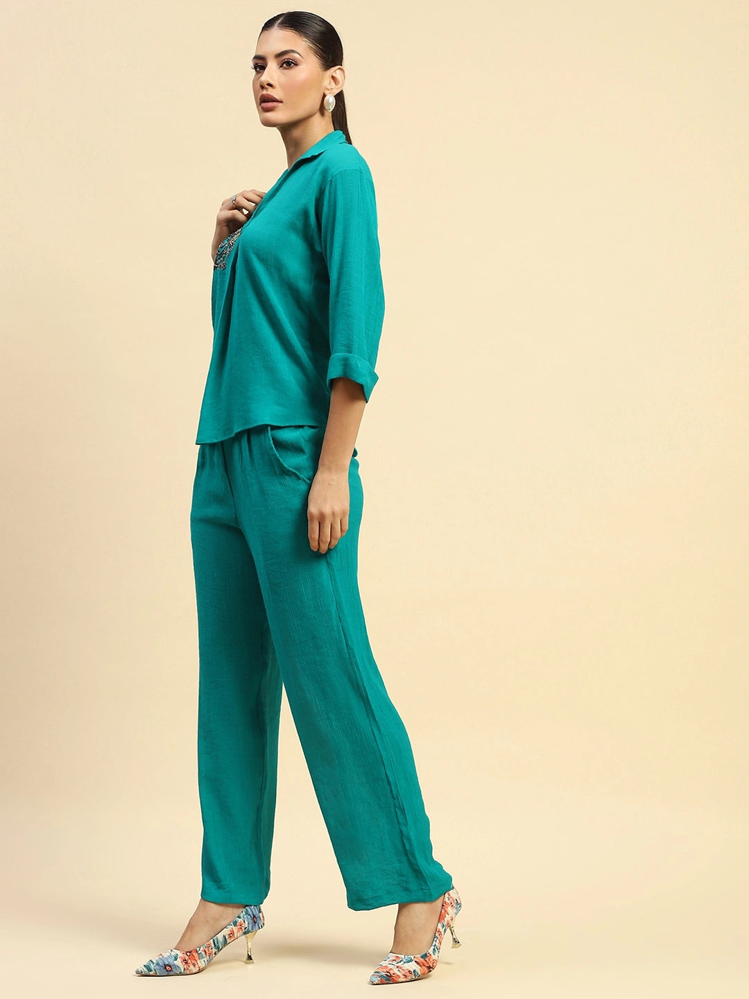 Sea Green Embroidered Viscose Relaxed Fit Co-ord Set - Global Republic