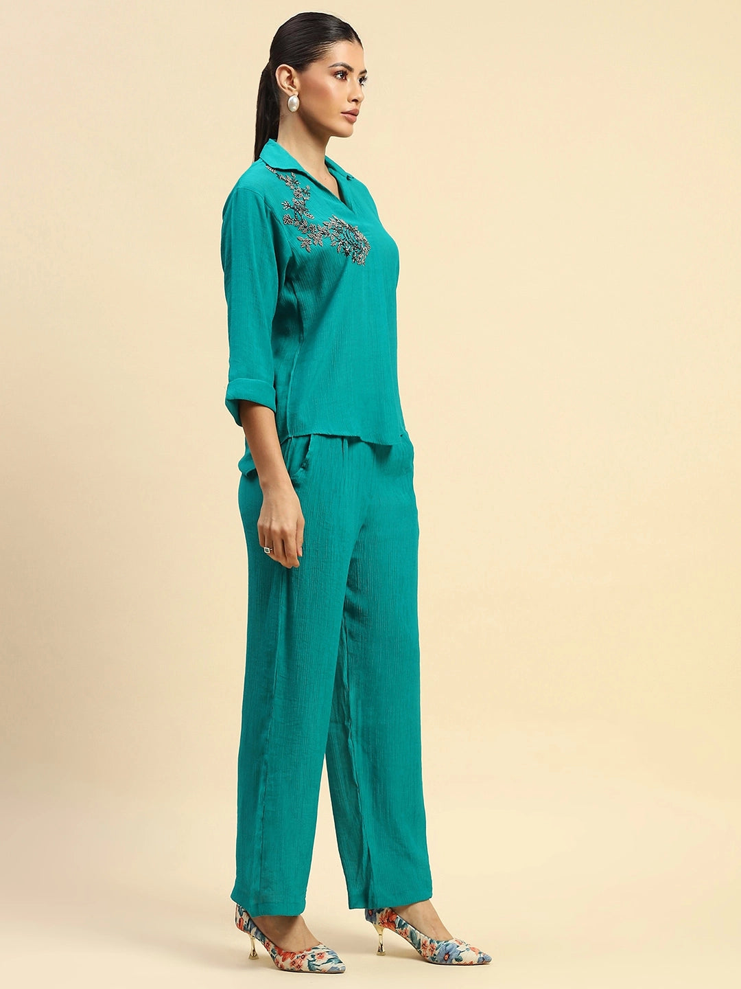 Sea Green Embroidered Viscose Relaxed Fit Co-ord Set - Global Republic