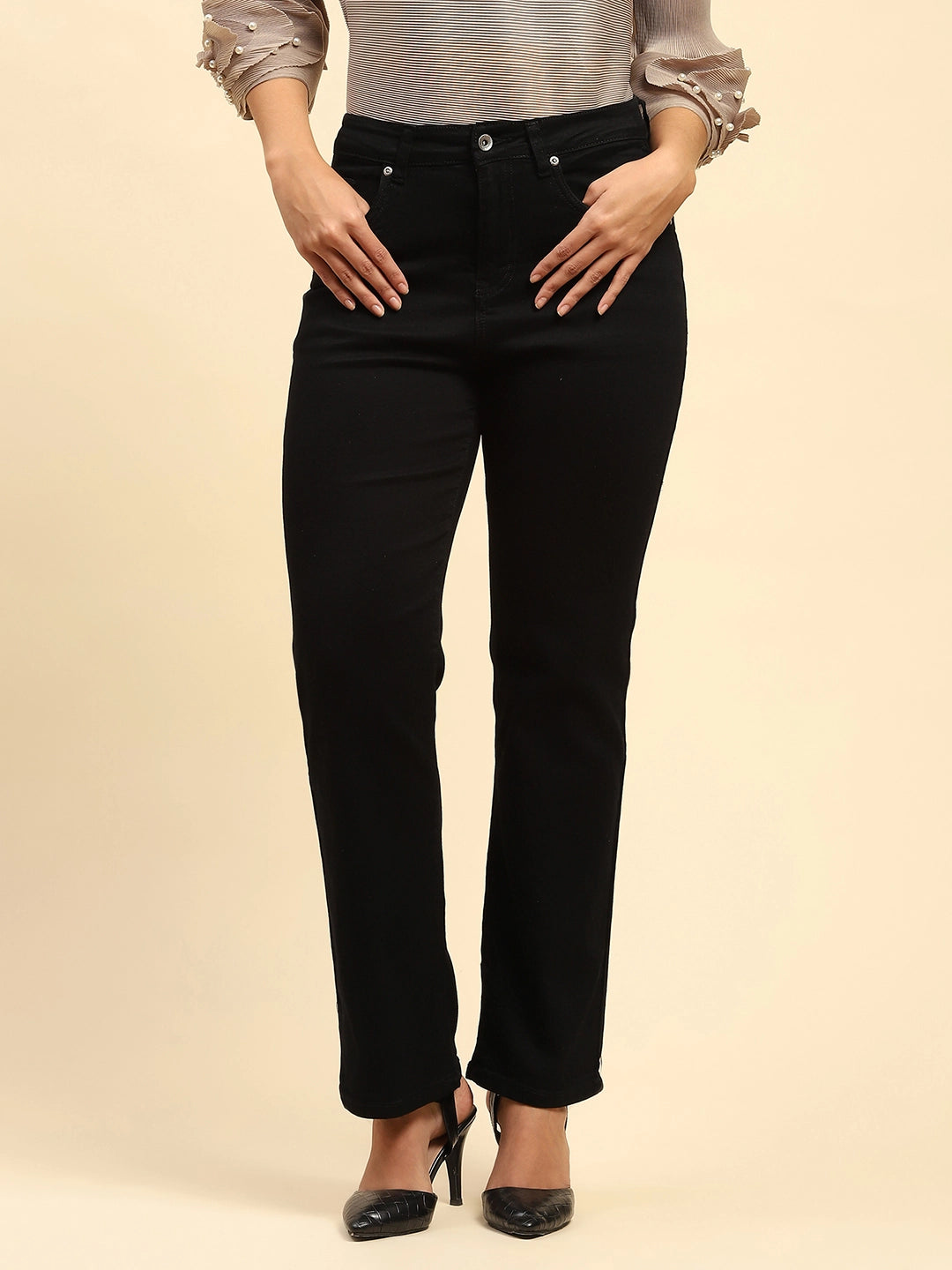 Black Solid Cotton Blend Straight Fit Jeans - Global Republic