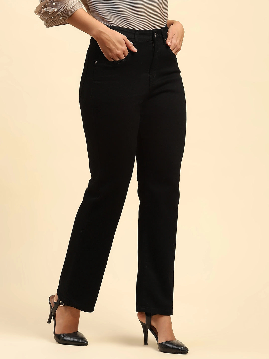 Black Solid Cotton Blend Straight Fit Jeans - Global Republic
