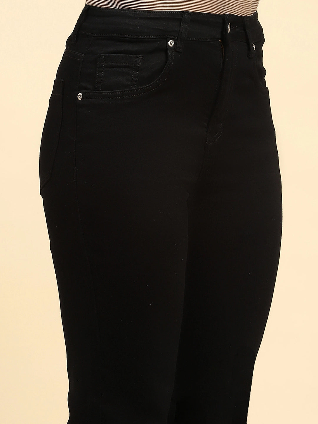 Black Solid Cotton Blend Straight Fit Jeans - Global Republic