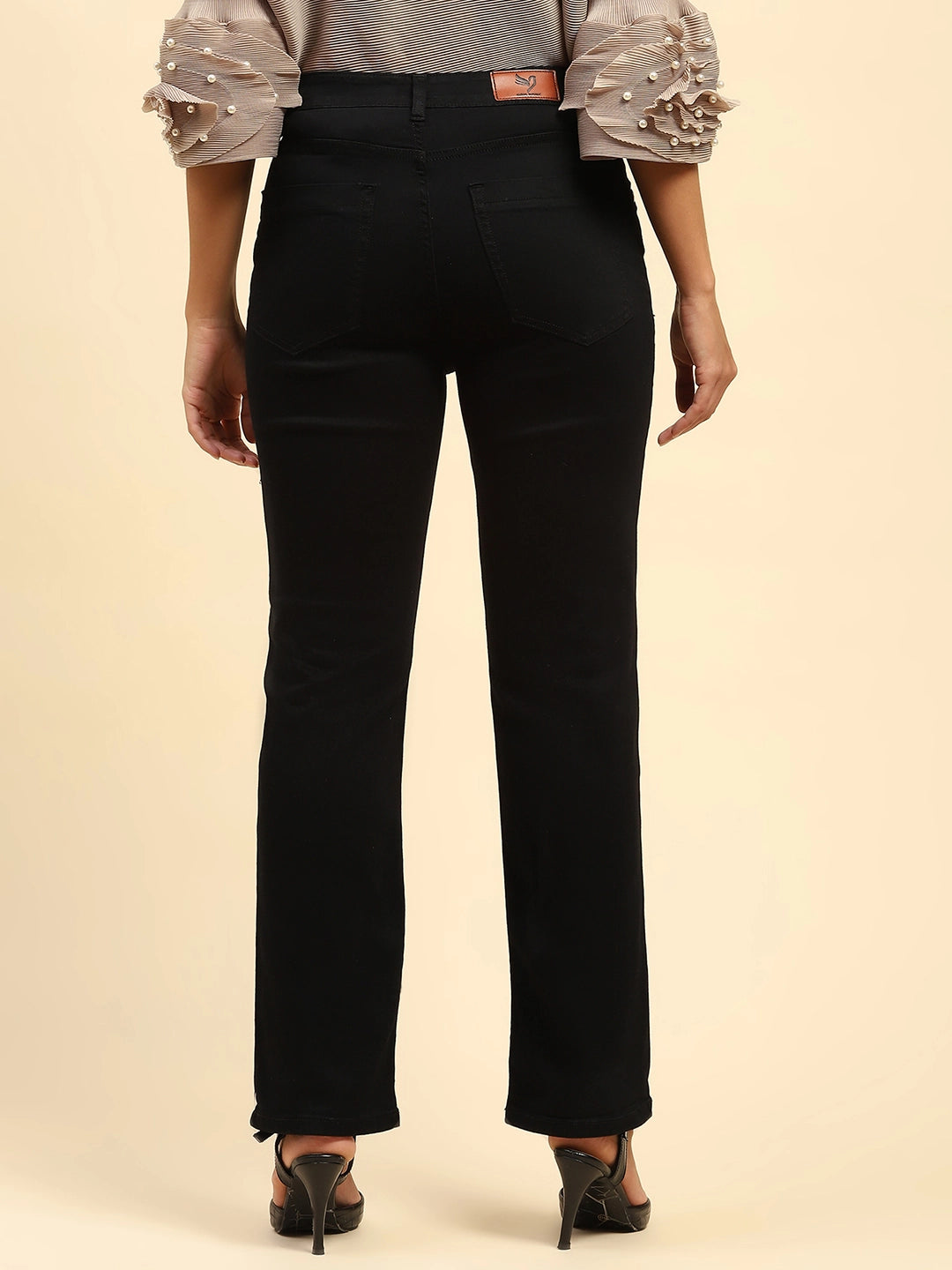 Black Solid Cotton Blend Straight Fit Jeans - Global Republic