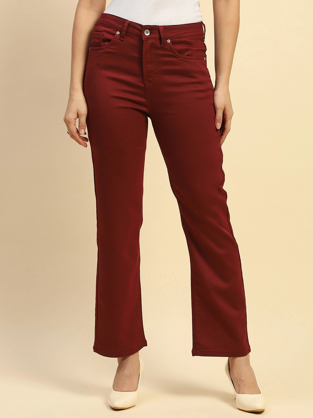 Maroon Cotton Blend Stretchable Straight fit Trouser - Global Republic