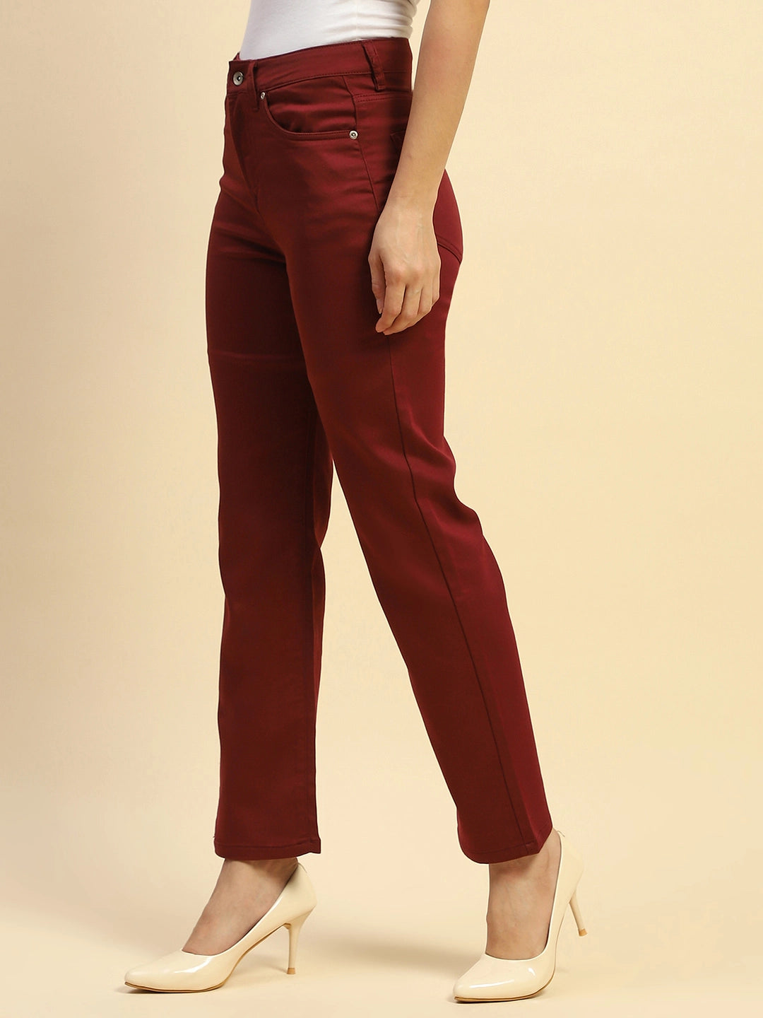 Maroon Cotton Blend Stretchable Straight fit Trouser - Global Republic