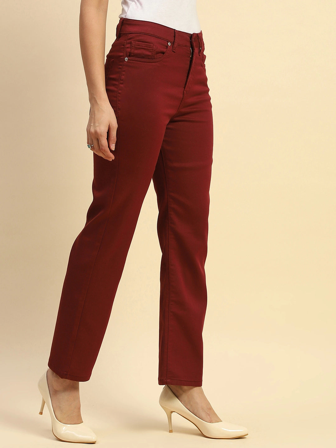 Maroon Cotton Blend Stretchable Straight fit Trouser - Global Republic