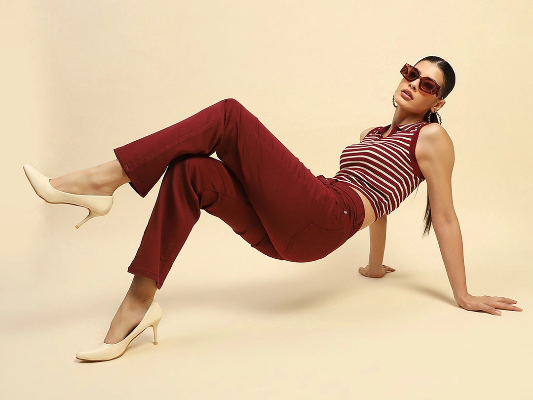 Maroon Cotton Blend Stretchable Straight fit Trouser - Global Republic