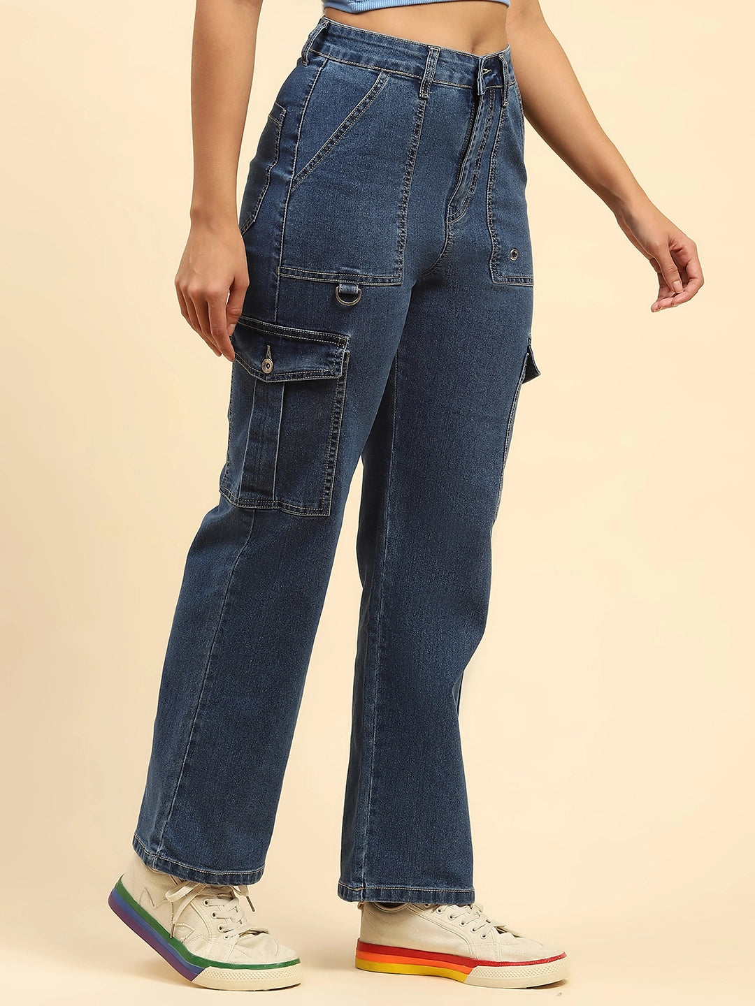 Blue Solid Cotton Blend Cargo - Global Republic