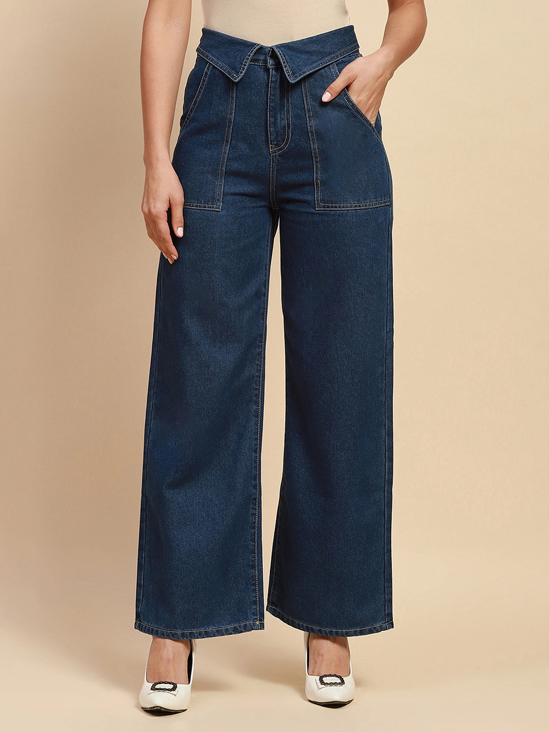 Blue Cotton Blend Loose Fit Jeans For Women - Global Republic