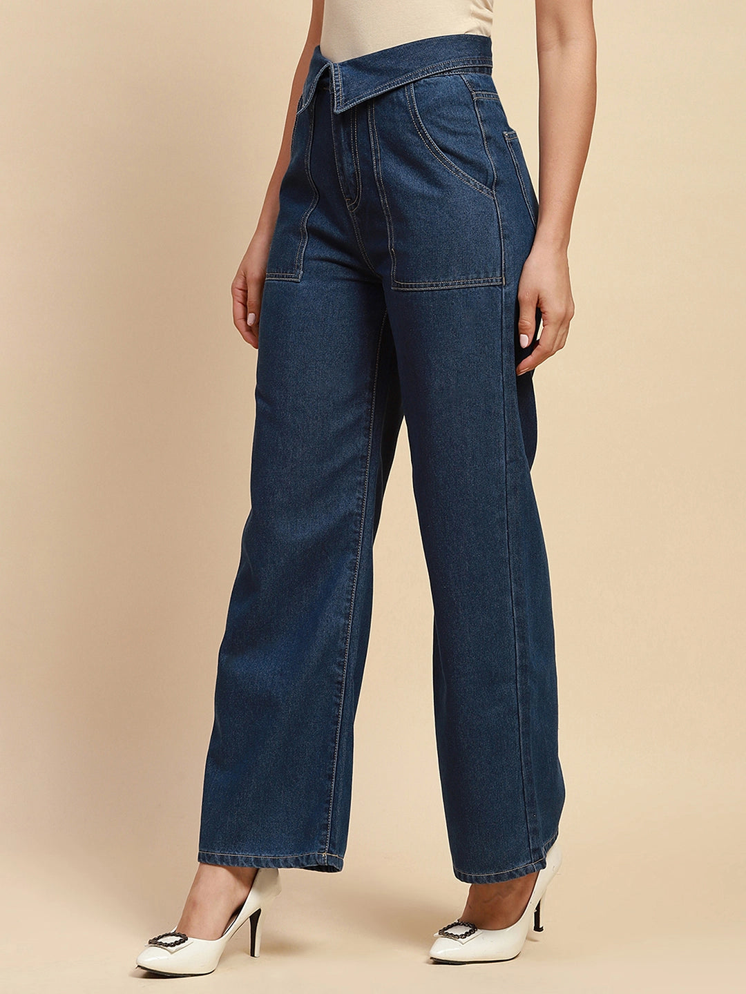 Blue Cotton Blend Loose Fit Jeans For Women - Global Republic