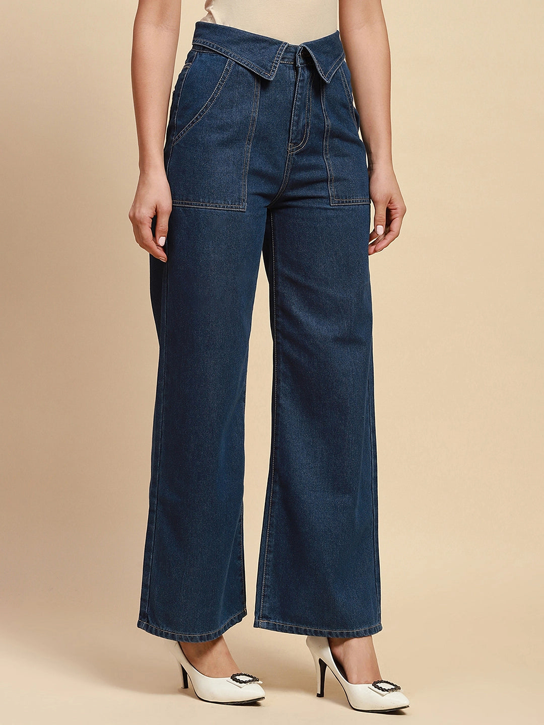 Blue Cotton Blend Loose Fit Jeans For Women - Global Republic