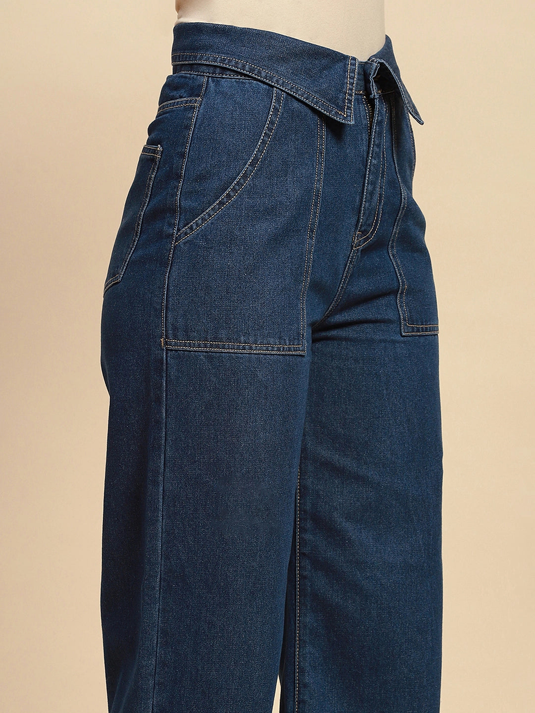 Blue Cotton Blend Loose Fit Jeans For Women - Global Republic