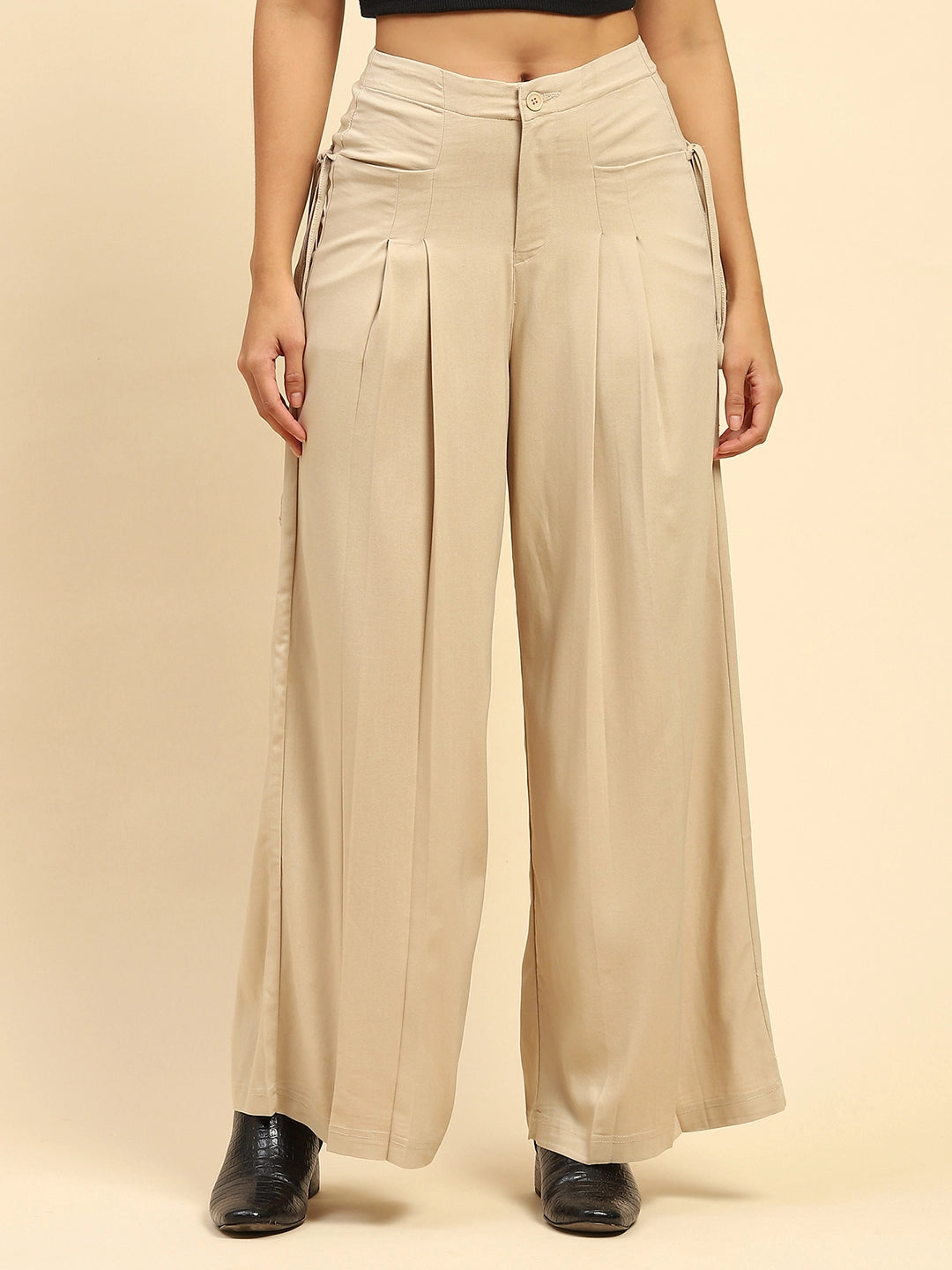 Beige Solid Cotton Loose Fit Palazzo - Global Republic