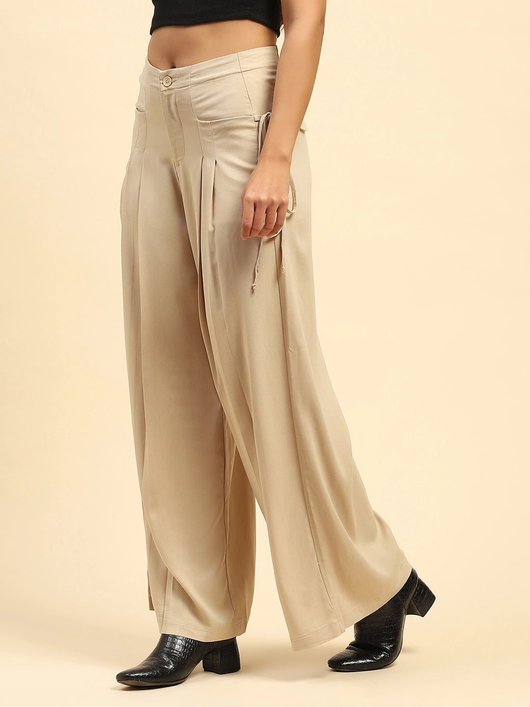 Beige Solid Cotton Loose Fit Palazzo - Global Republic