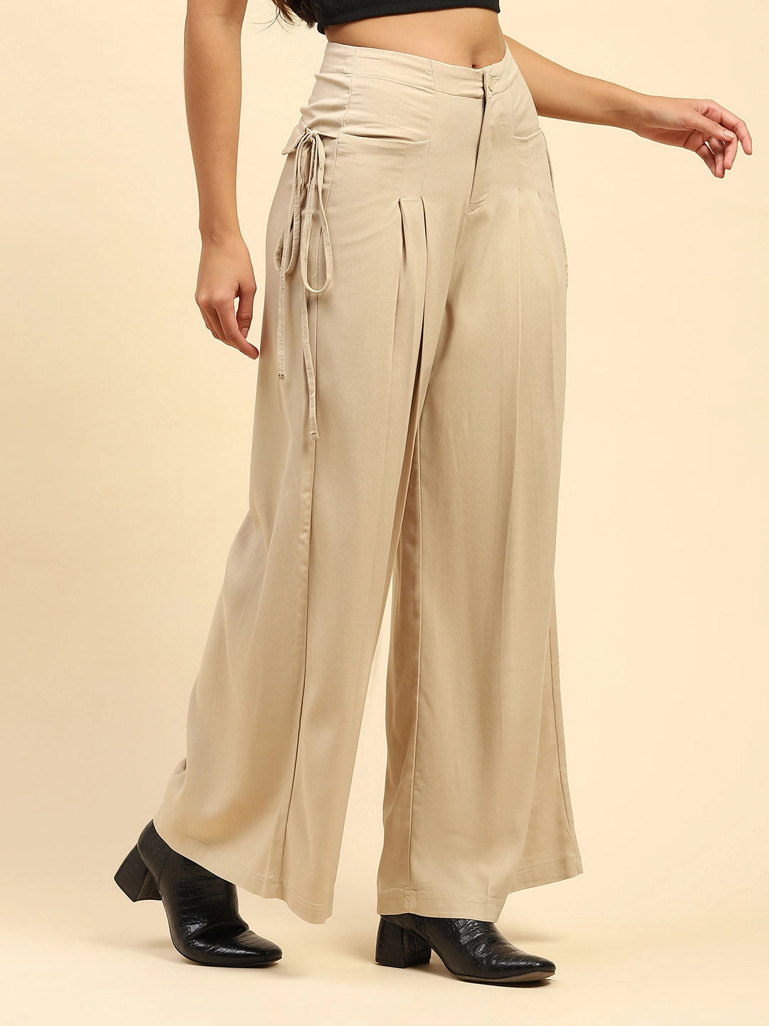 Beige Solid Cotton Loose Fit Palazzo - Global Republic