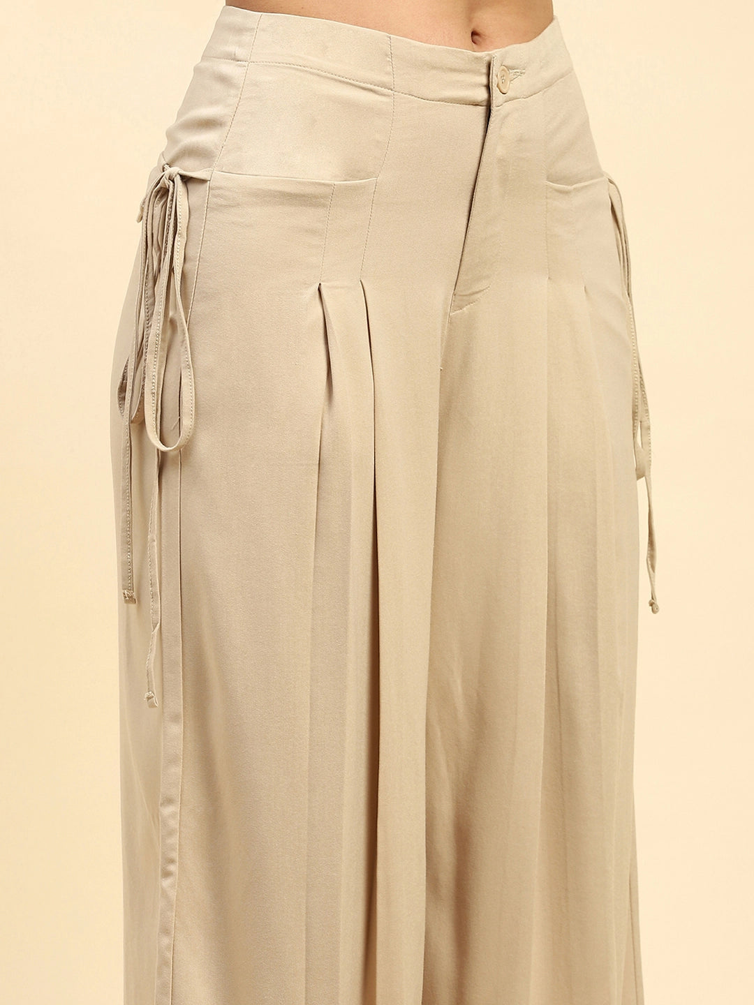 Beige Solid Cotton Loose Fit Palazzo - Global Republic