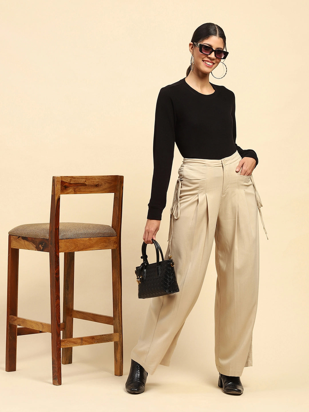 Beige Solid Cotton Loose Fit Palazzo - Global Republic