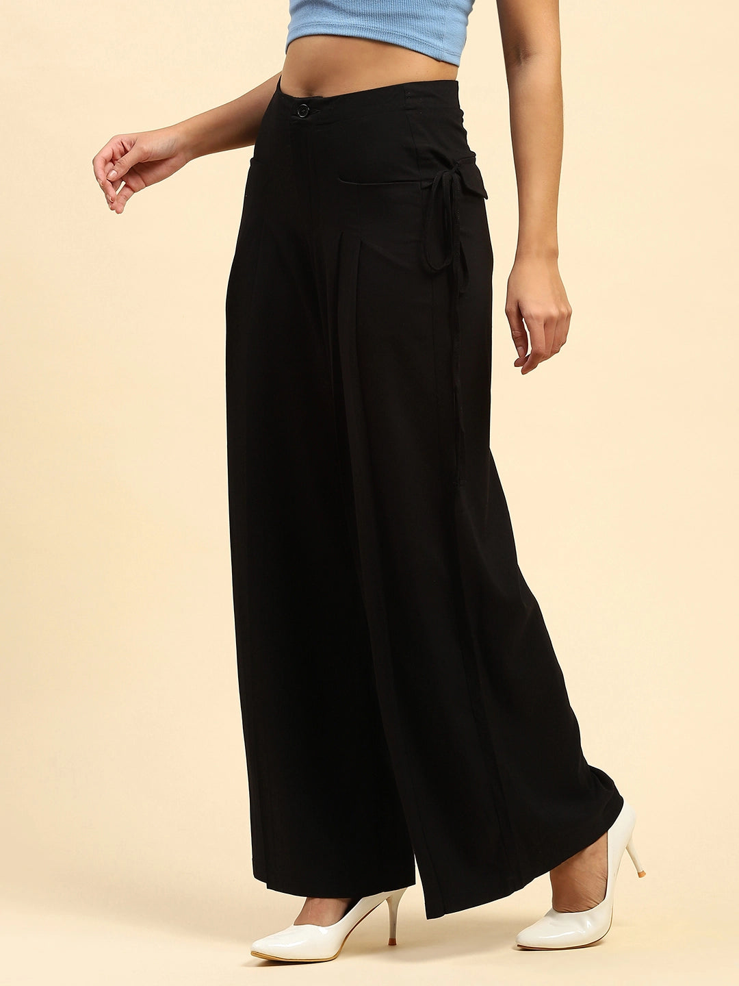 Black Solid Cotton Loose Fit Palazzo - Global Republic