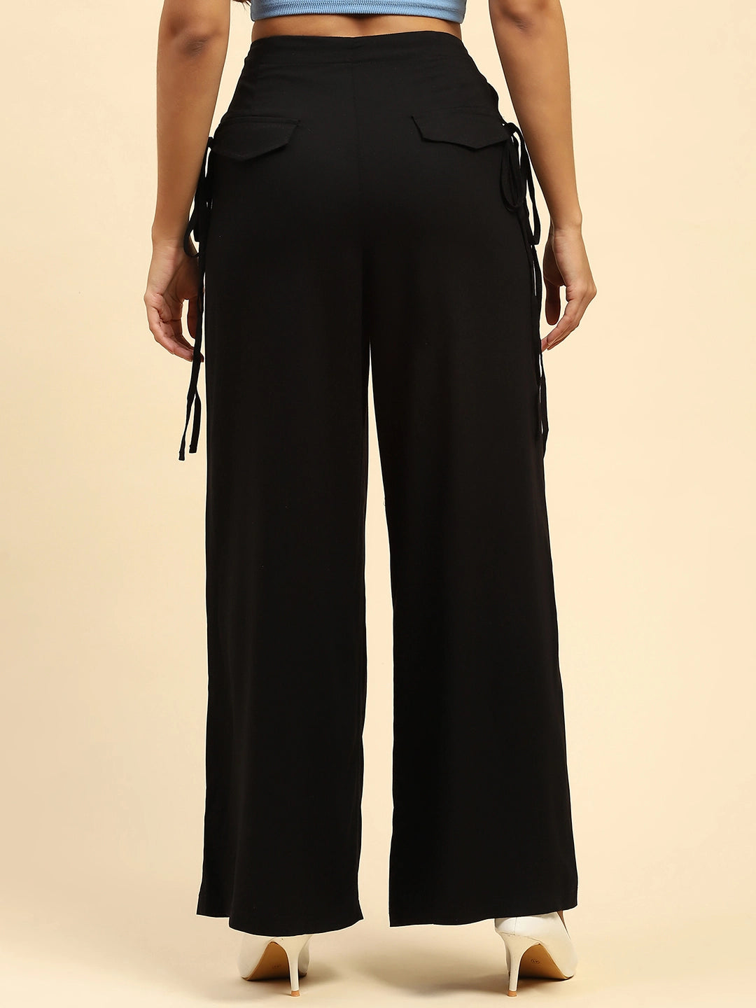 Black Solid Cotton Loose Fit Palazzo - Global Republic