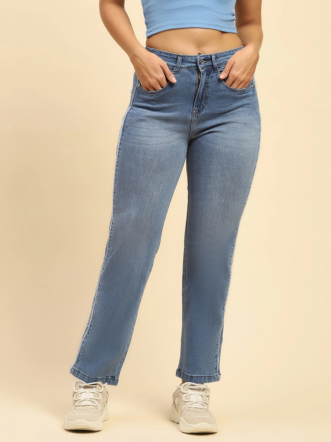 Blue Solid Cotton Blend Straight Fit Jeans - Global Republic