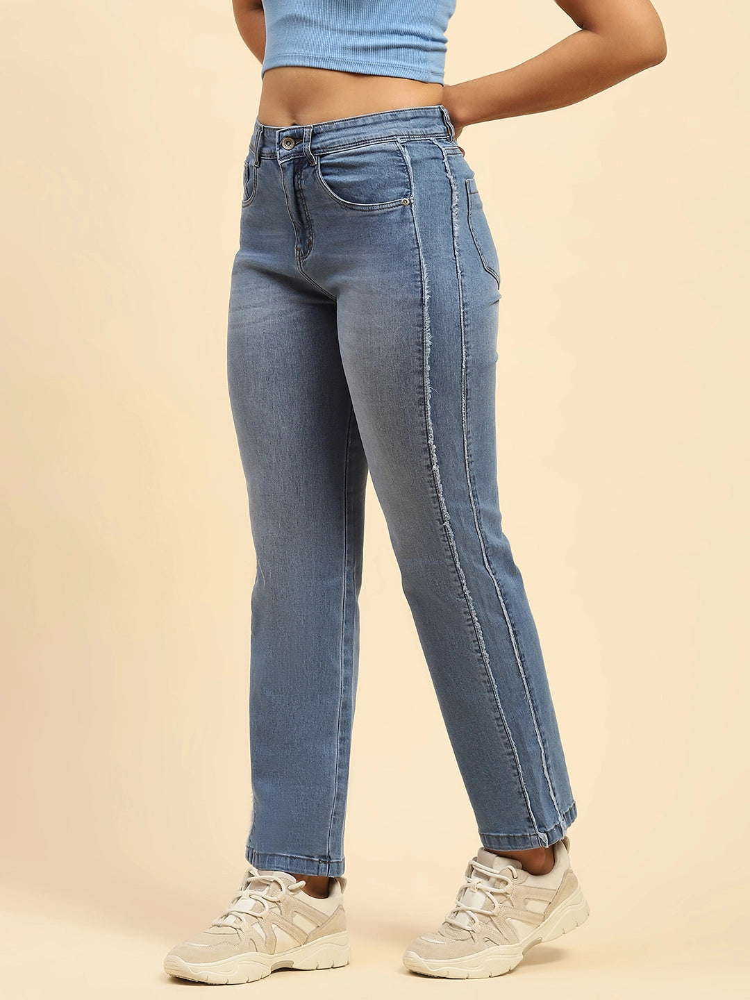 Blue Solid Cotton Blend Straight Fit Jeans - Global Republic