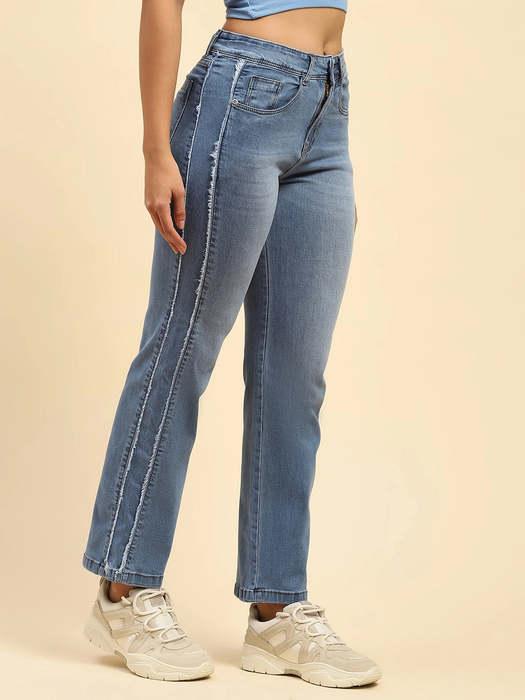 Blue Solid Cotton Blend Straight Fit Jeans - Global Republic