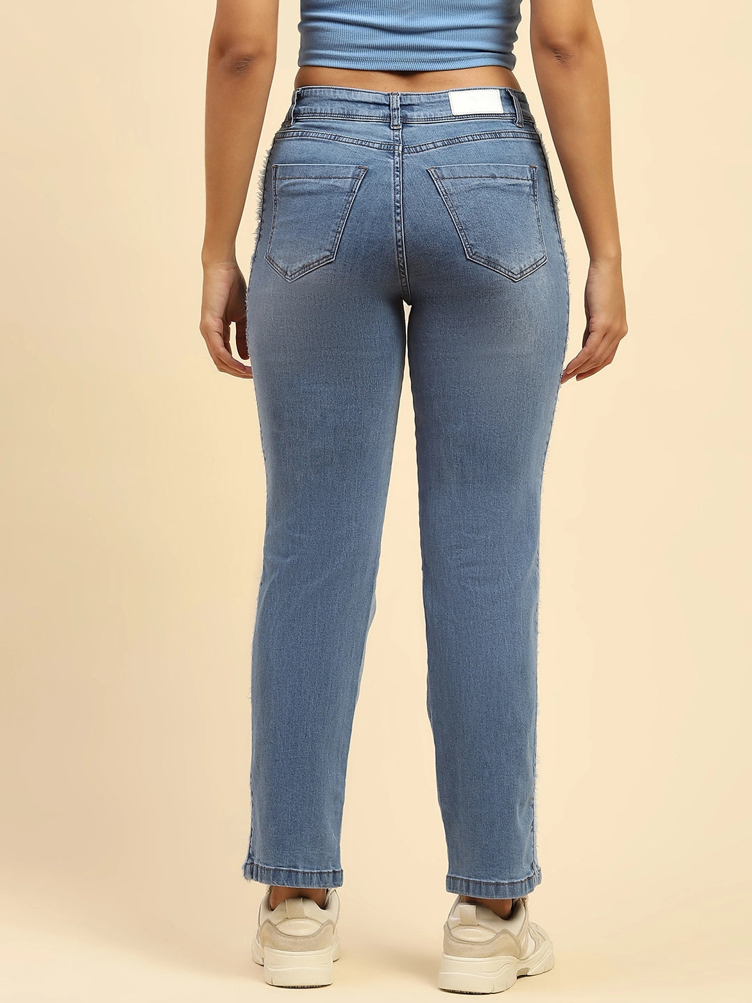 Blue Solid Cotton Blend Straight Fit Jeans - Global Republic