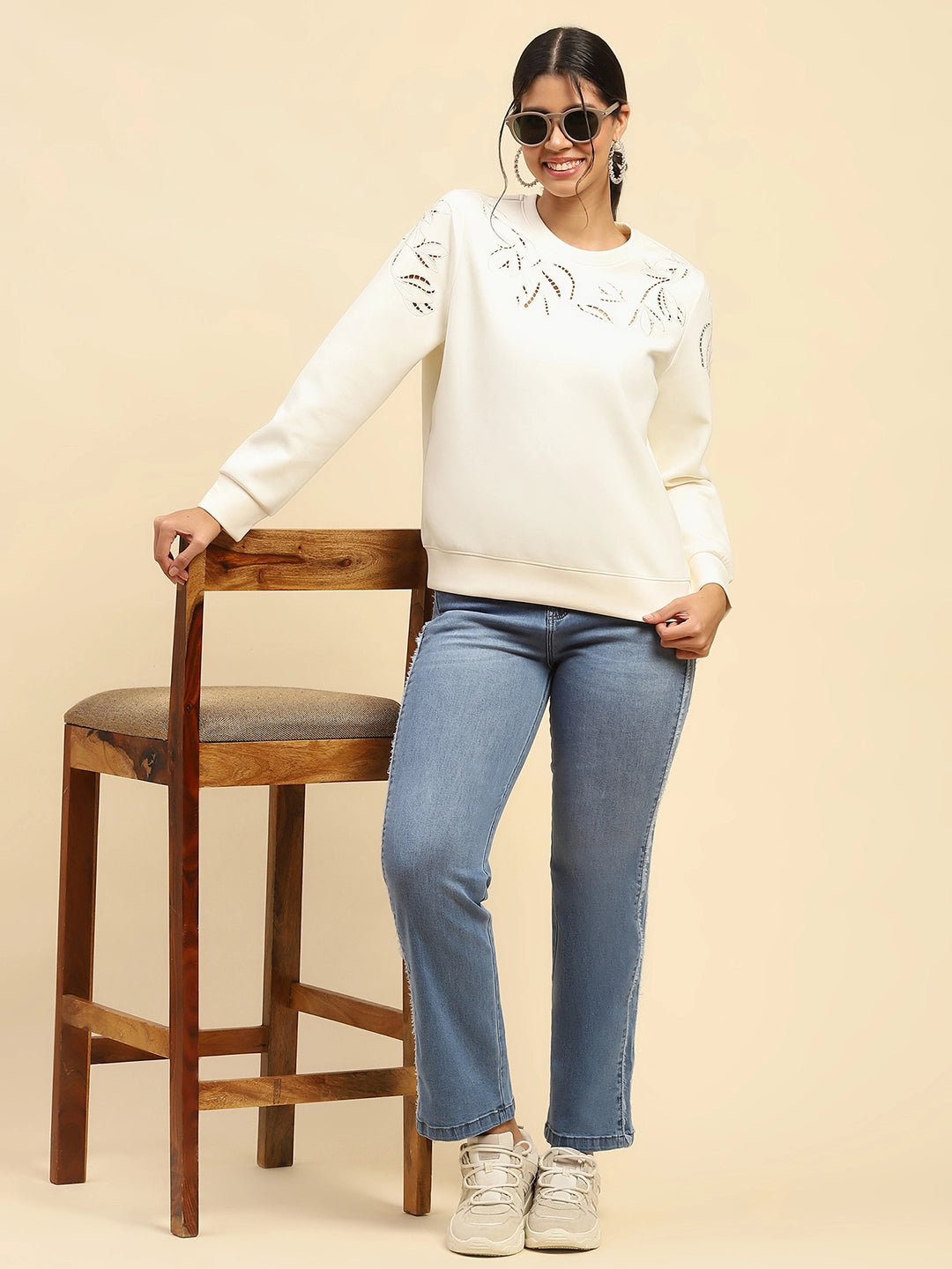 Blue Solid Cotton Blend Straight Fit Jeans - Global Republic