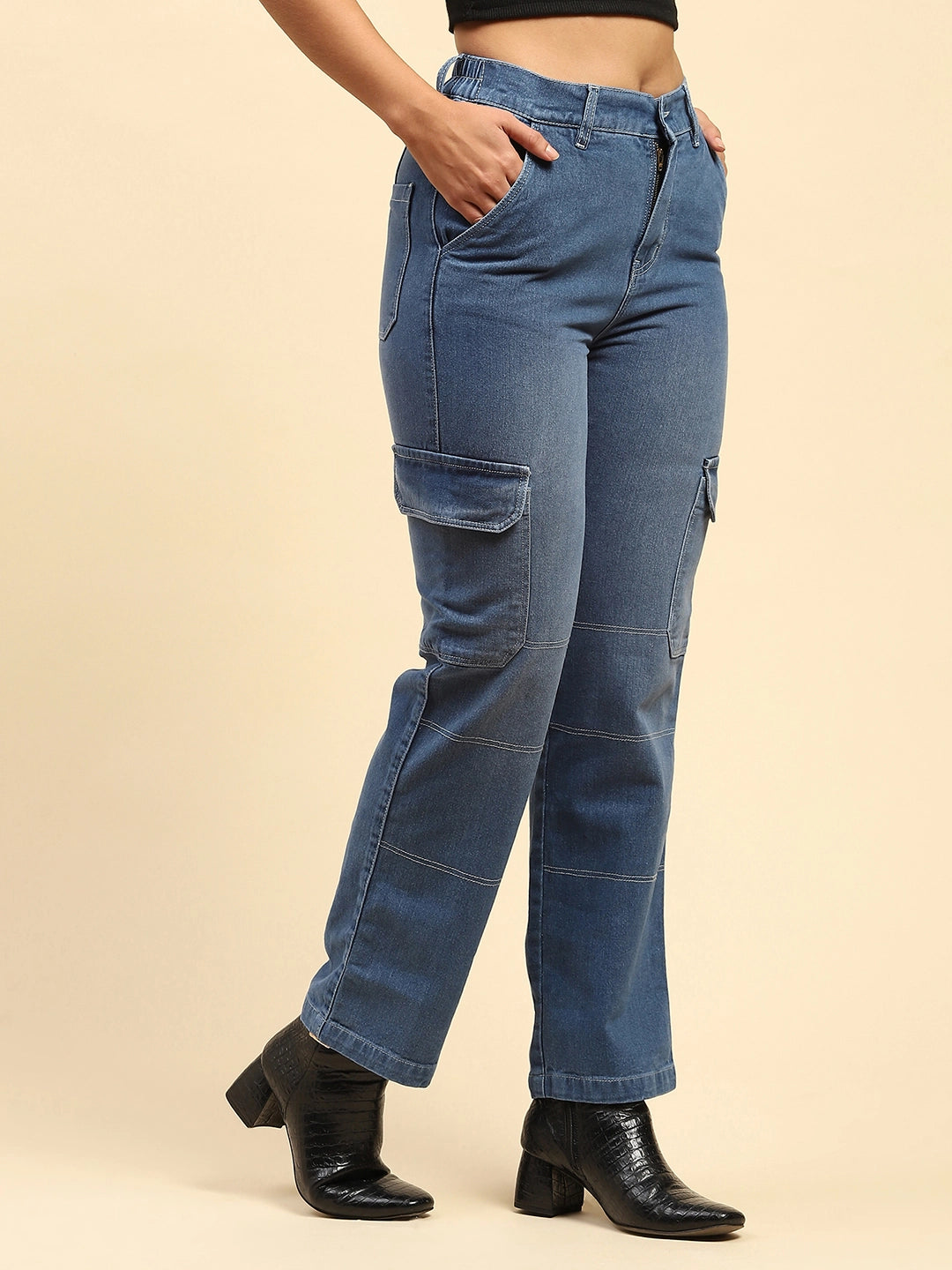 Blue Solid Cotton Blend Straight Fit Cargo - Global Republic