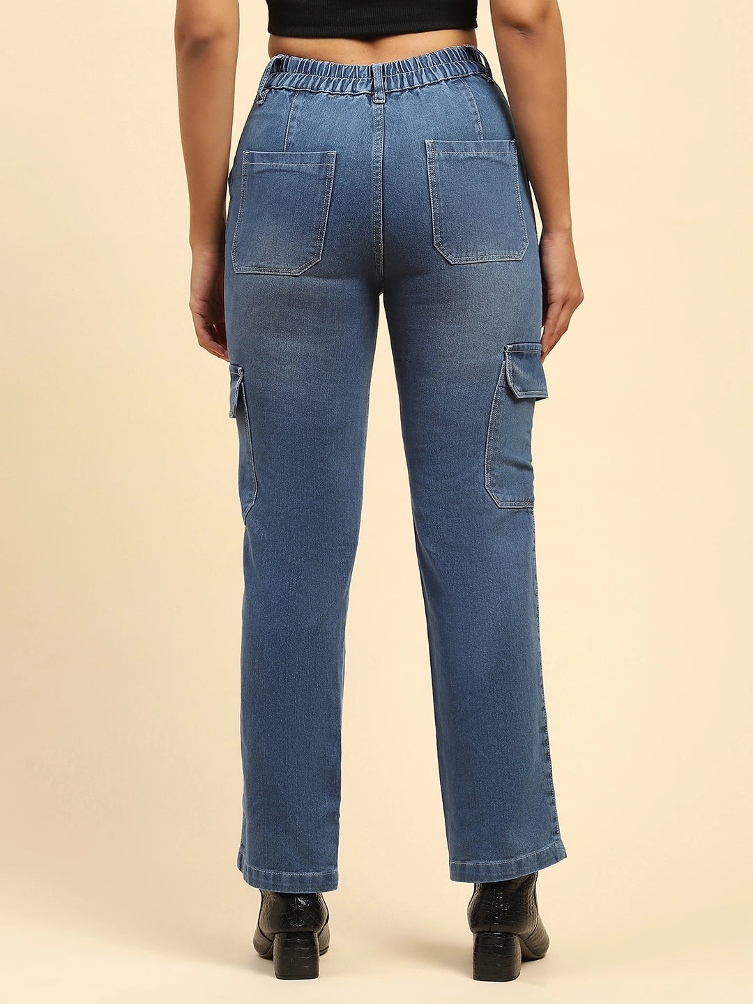 Blue Solid Cotton Blend Straight Fit Cargo - Global Republic