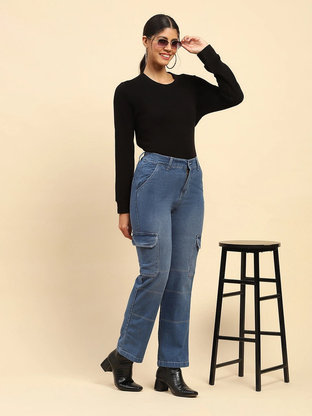 Blue Solid Cotton Blend Straight Fit Cargo - Global Republic