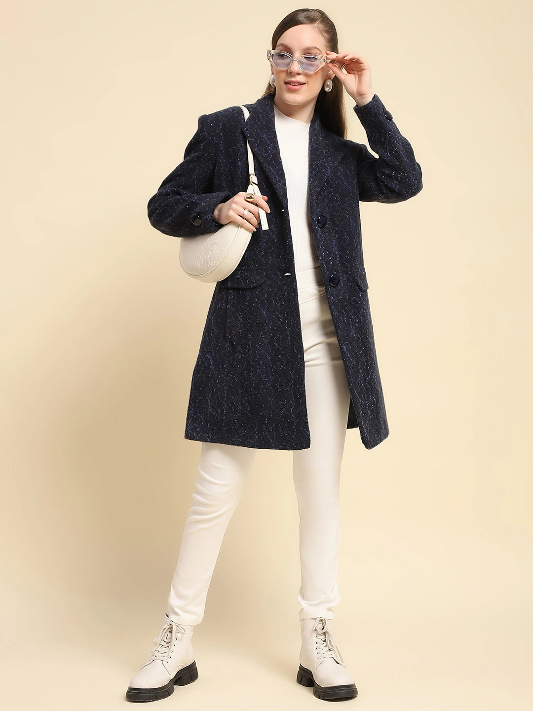Navy Self Design Acrylic Coat - Global Republic